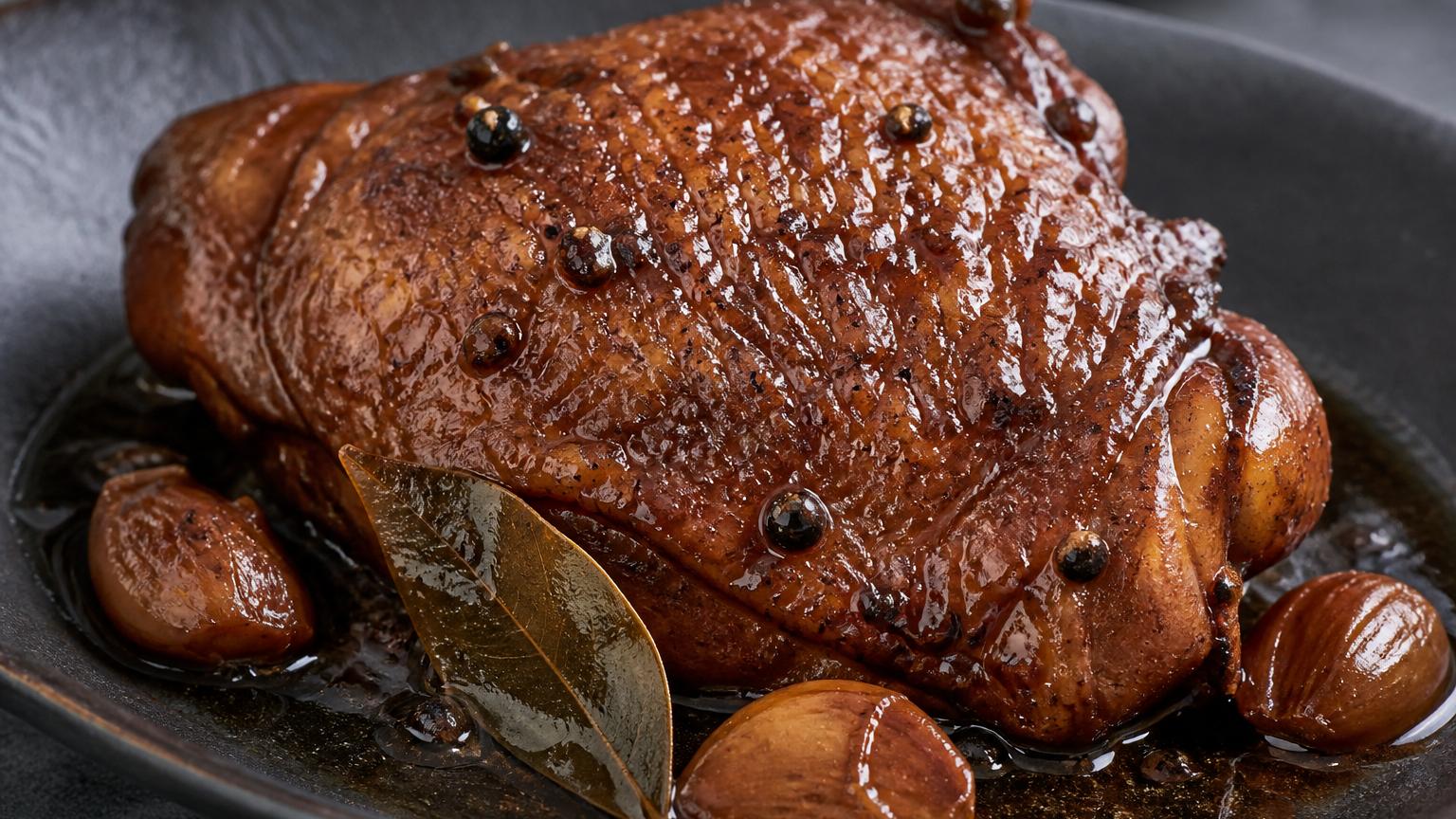 Close-up of a glossy Filipino chicken adobo thigh coated in dark soy and vinegar sauce with crushed garlic and peppercorns