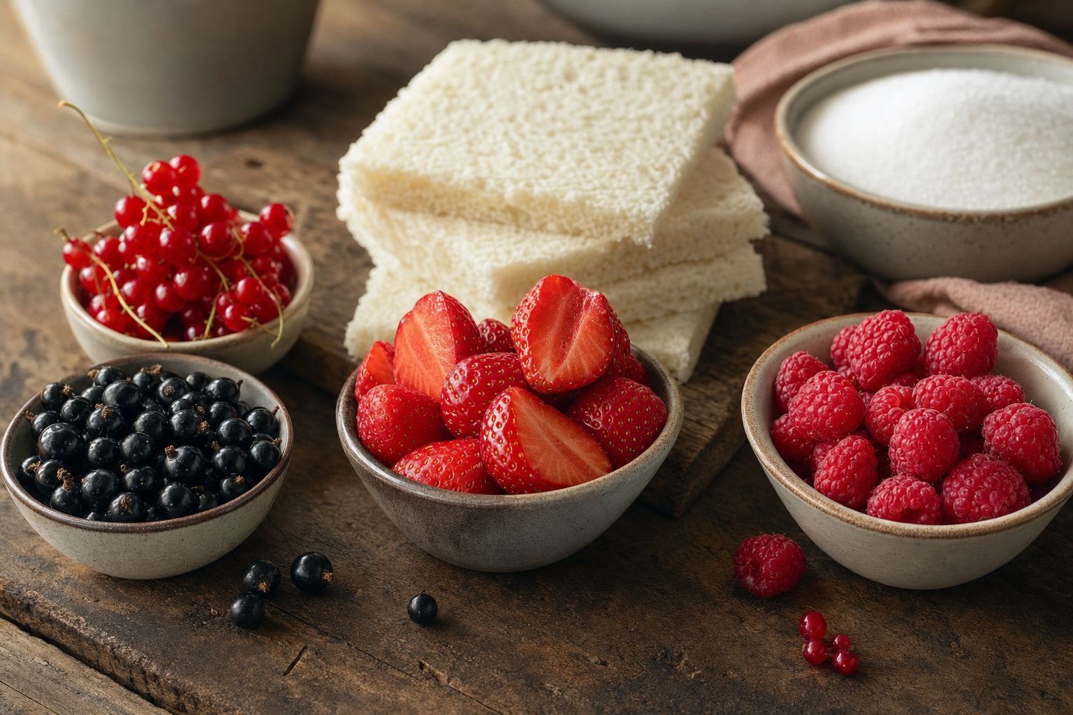 Summer pudding ingredients: bowls of strawberries, raspberries, redcurrants and blackcurrants beside white bread and sugar