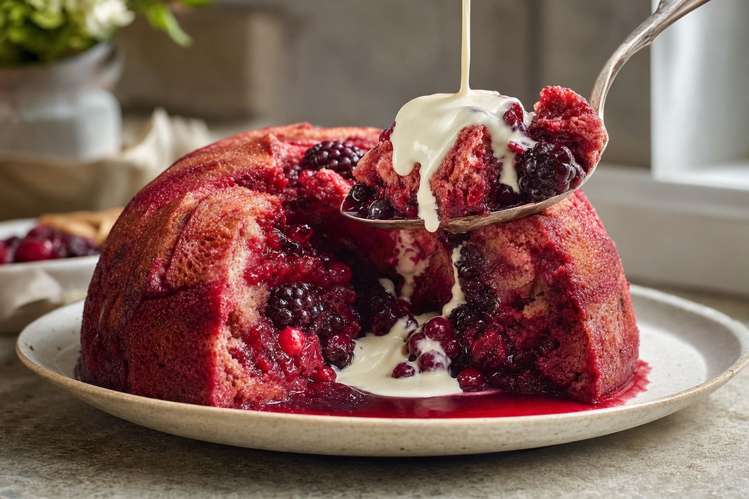 A spoon lifting into a cut summer pudding to reveal the juice-soaked crimson interior with cream