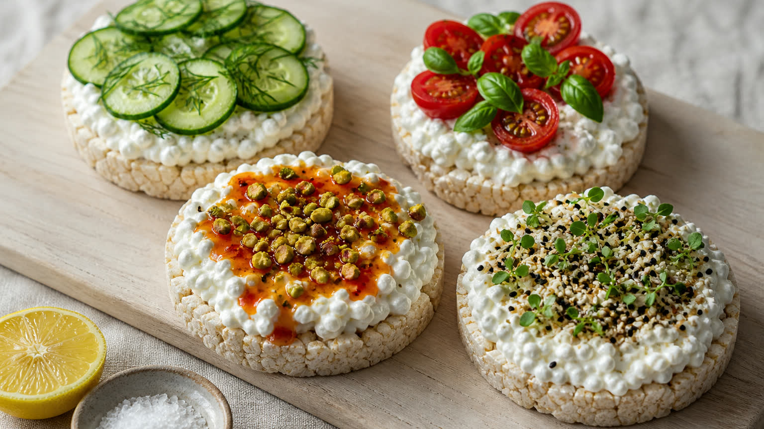 Four rice cakes with cottage cheese, cucumber, tomatoes, and herbs