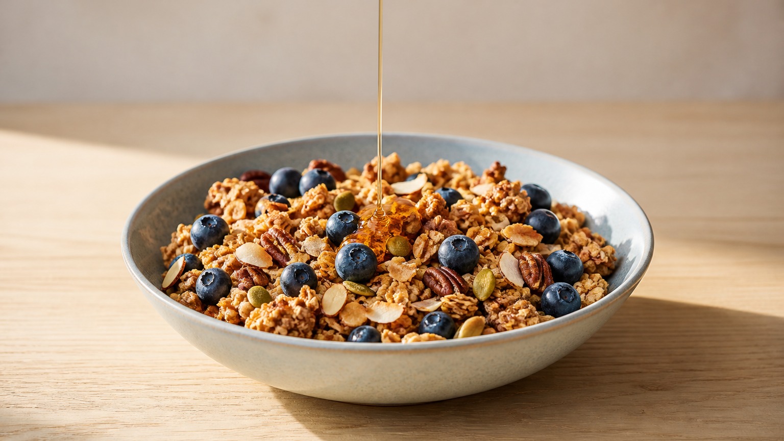 Close-up of a ceramic bowl of crispy coconut granola with golden clusters, blueberries, and a drizzle of honey