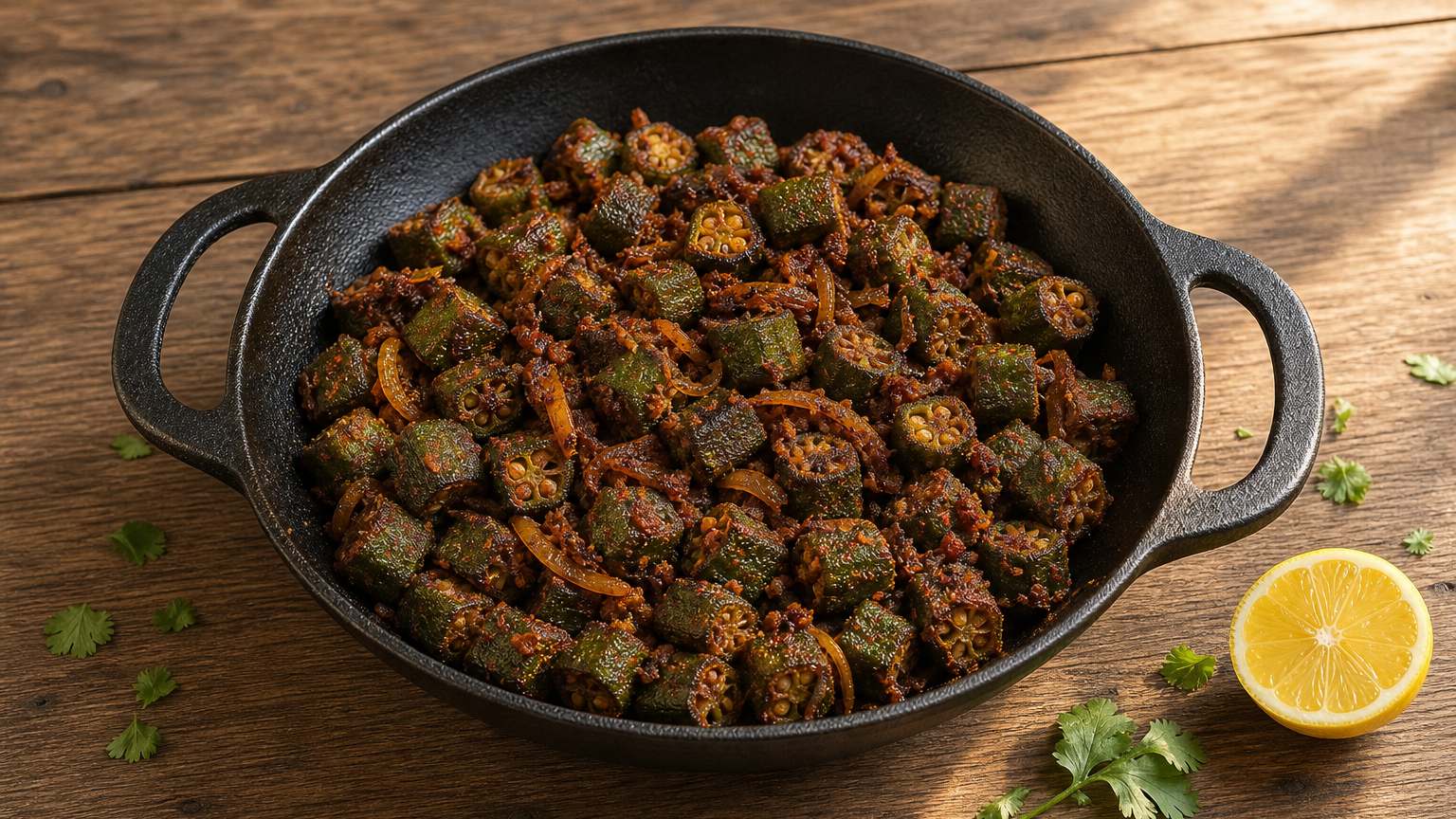 Bhindi masala, dry-fried okra pieces coated in onion and tomato masala in a black cast iron pan