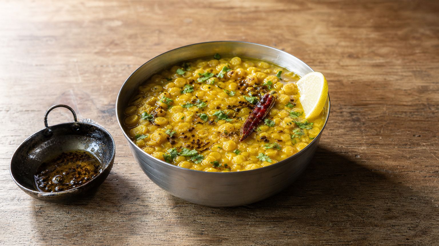 Chana dal tadka in a steel bowl with the small tempering pan beside it, the anchor of this Indian dinner menu