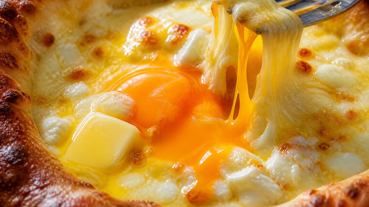 Close-up of khachapuri adjaruli with the golden yolk and butter being stirred into the molten cheese