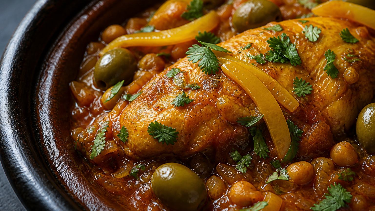 Close-up of chicken tagine with sliced preserved lemon, green olives and chickpeas in a spiced tomato and onion sauce