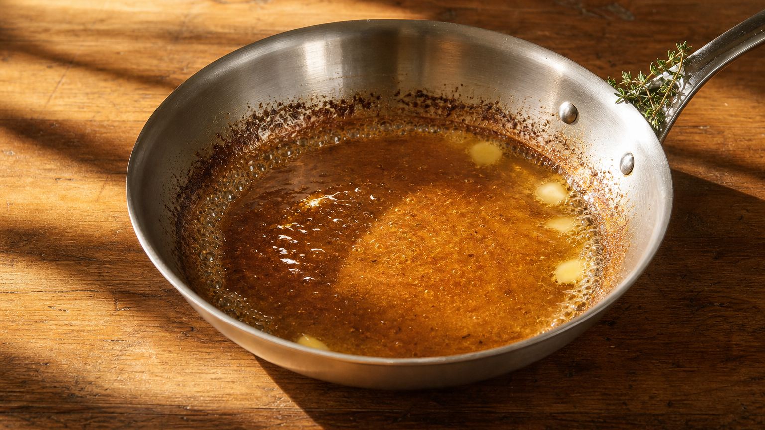 Pan sauce reducing in a stainless steel skillet: glossy amber liquid actively simmering with a fond ring at the rim and cold butter just dissolving at the edge