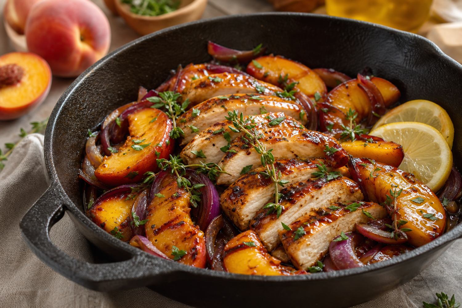A skillet of sliced chicken with caramelized peach wedges and red onion, one of four quick summer dinners