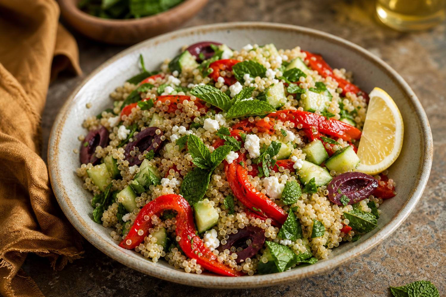 A bowl of quinoa salad with roasted red pepper, cucumber, Kalamata olives, crumbled feta, and fresh herbs