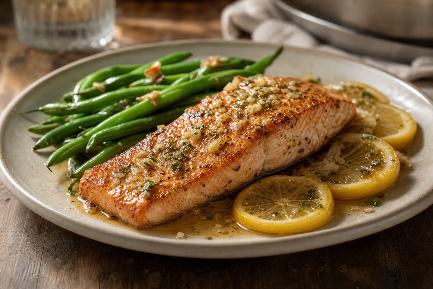 Crispy-skinned garlic lemon salmon fillet with a side of green beans and lemon slices
