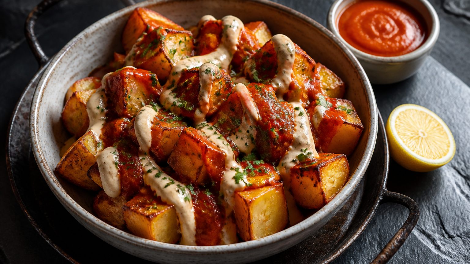 Crisp roasted patatas bravas topped with smoky brava sauce and garlic alioli, part of a Spanish tapas menu