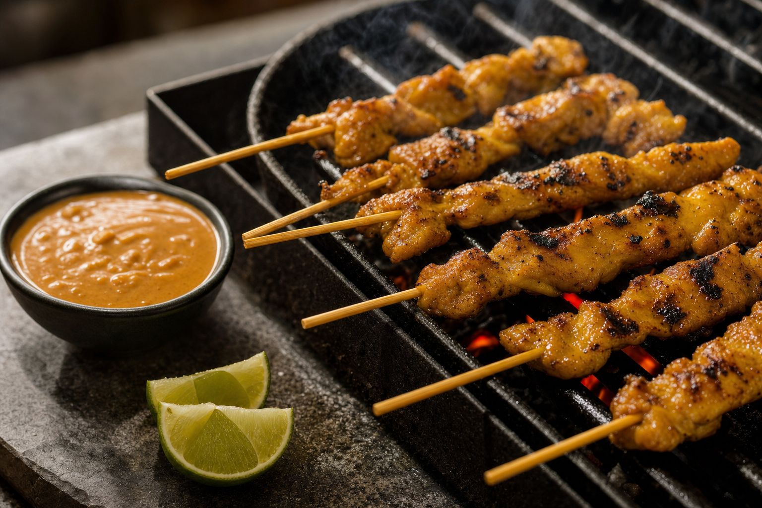 Chicken satay skewers charring on a hot grill with a bowl of peanut sauce, the centerpiece of this summer grilling menu