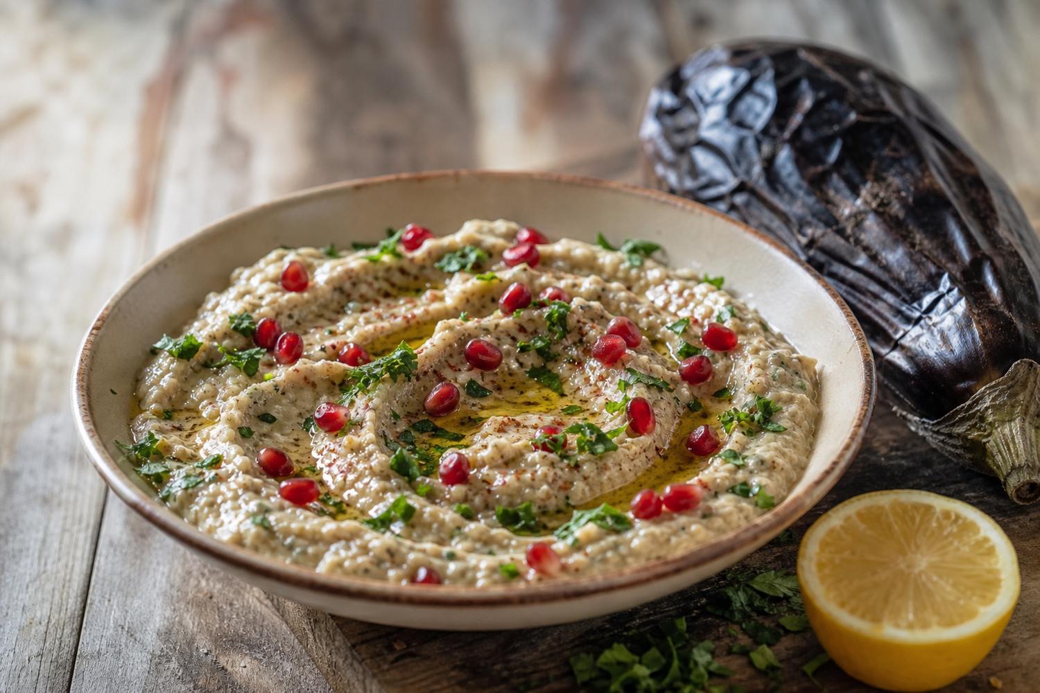Smoky baba ganoush in a shallow bowl topped with olive oil, pomegranate seeds and parsley, part of a summer mezze spread