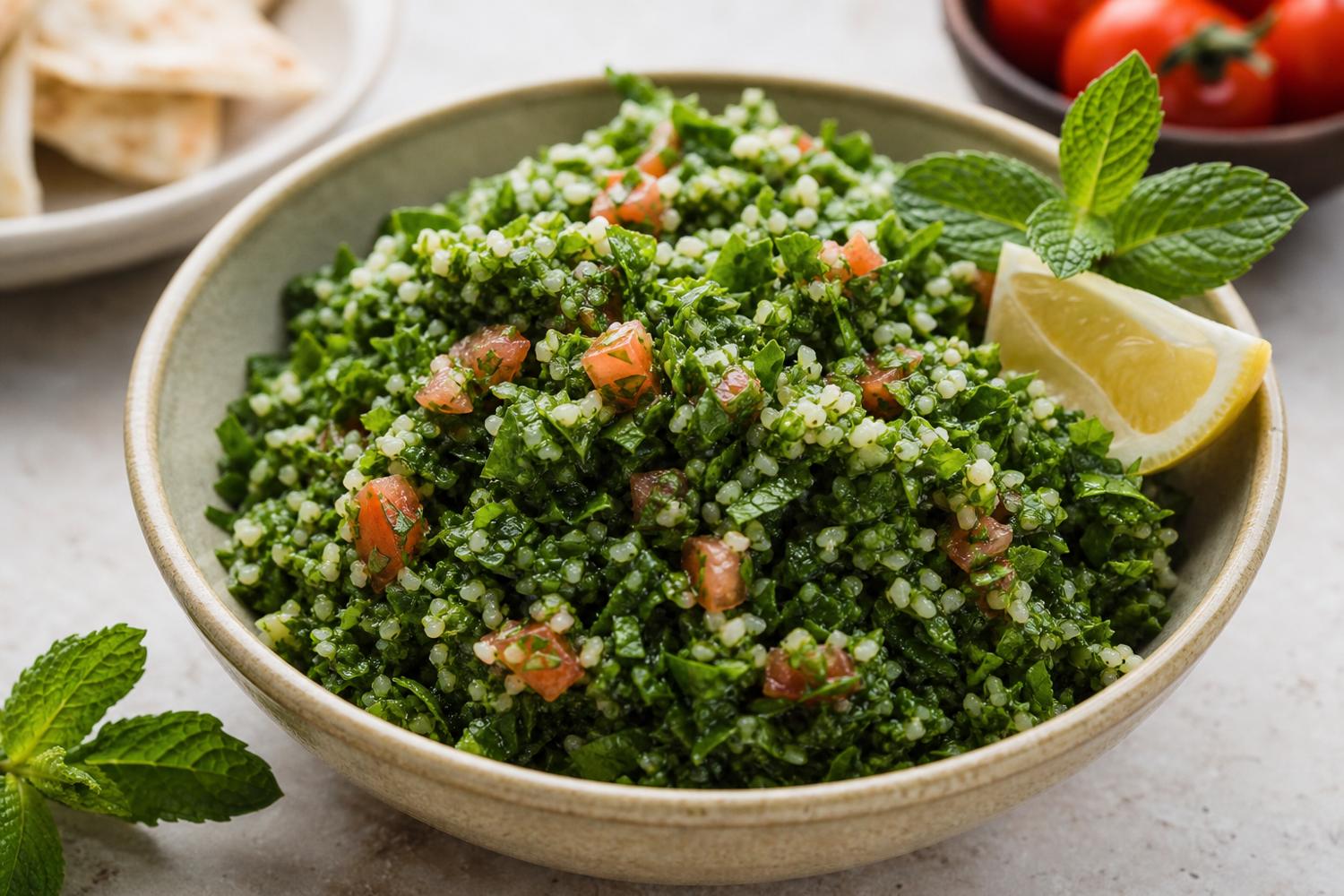 Bright green tabbouleh with parsley, mint and diced tomato in a bowl, the fresh salad on a summer mezze spread