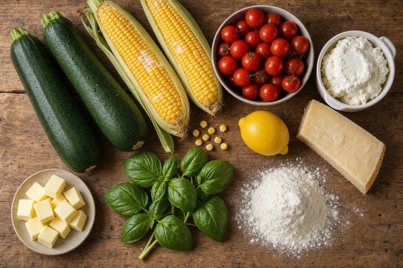 Raw ingredients for a summer vegetable galette laid out on a wooden counter: zucchini, sweet corn, cherry tomatoes, ricotta, Parmesan, lemon, basil, cold cubed butter and flour