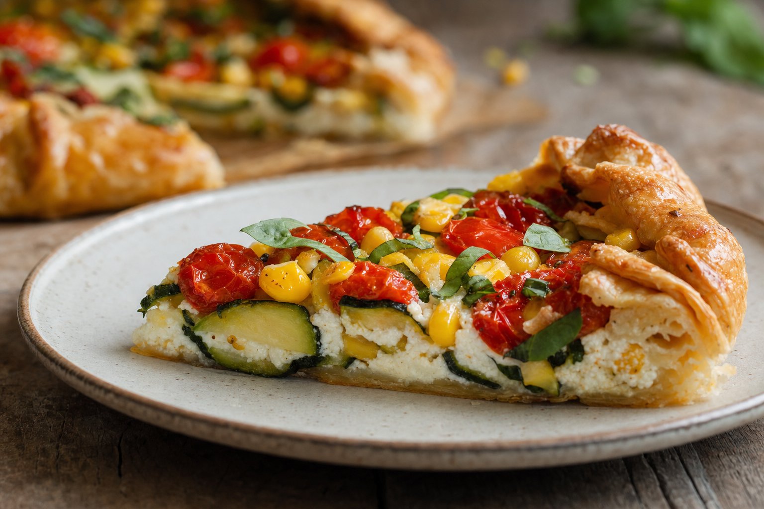 A slice of the baked galette on a ceramic plate, showing the flaky layered crust and the ricotta base with zucchini, corn and tomatoes