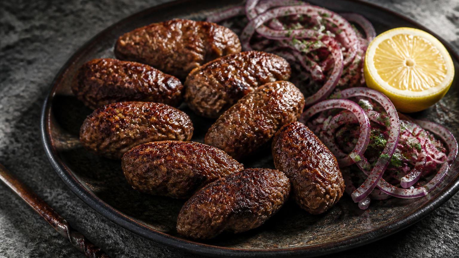 Spiced Turkish köfte with a sumac red onion salad and lemon, the main of a Turkish dinner menu