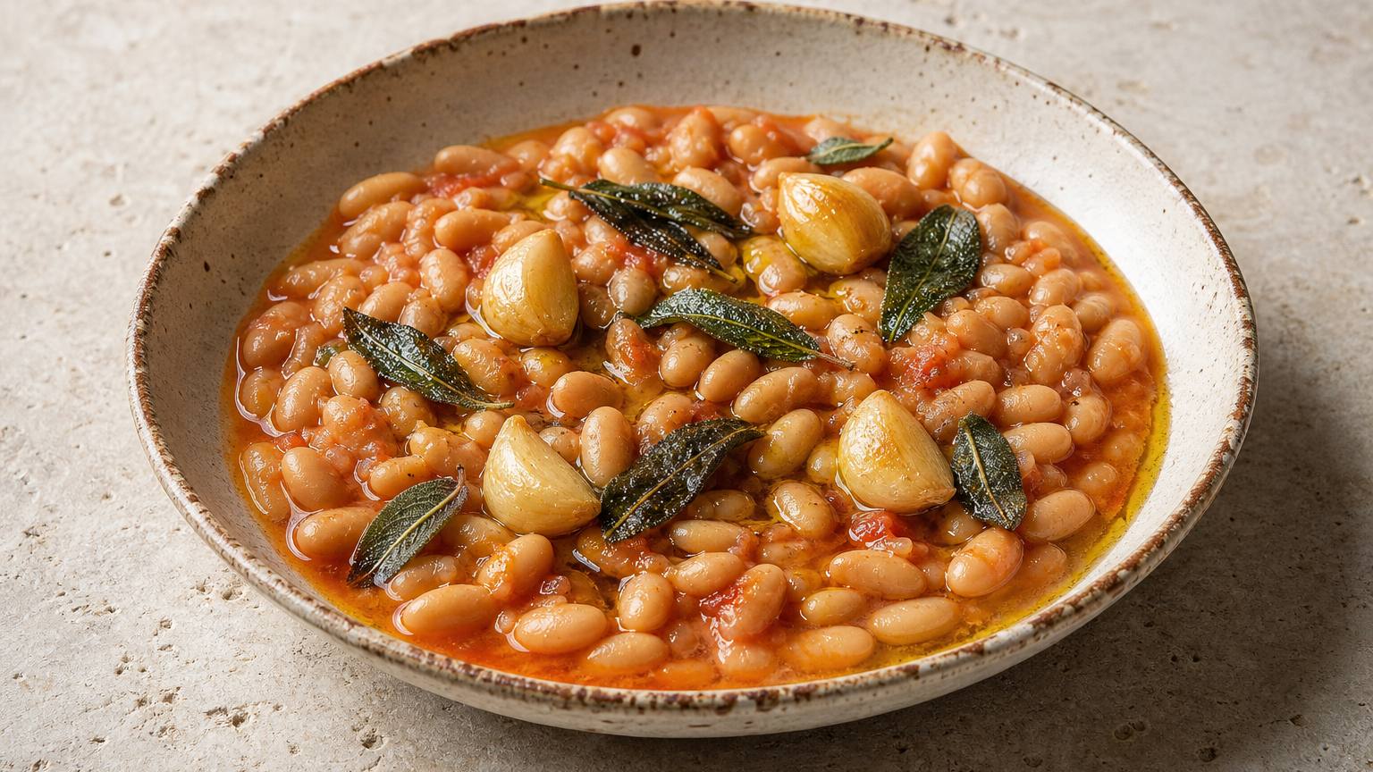 A shallow bowl of Tuscan white beans with whole garlic cloves and sage leaves in olive oil, part of a Tuscan dinner menu