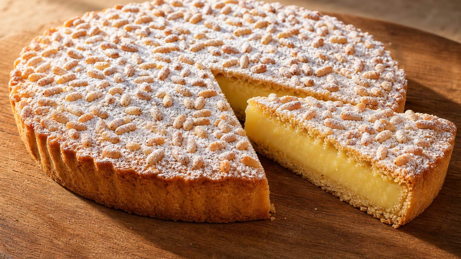 A wedge cut from a Torta della Nonna showing the lemon pastry cream layer, the dessert in this Tuscan dinner menu