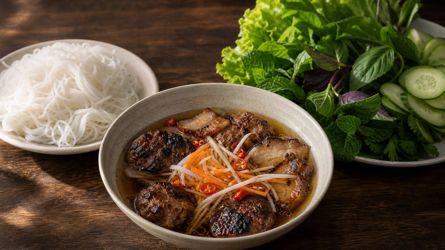 Bun cha with charred pork patties in dipping broth, rice vermicelli and a platter of mint, Thai basil and lettuce