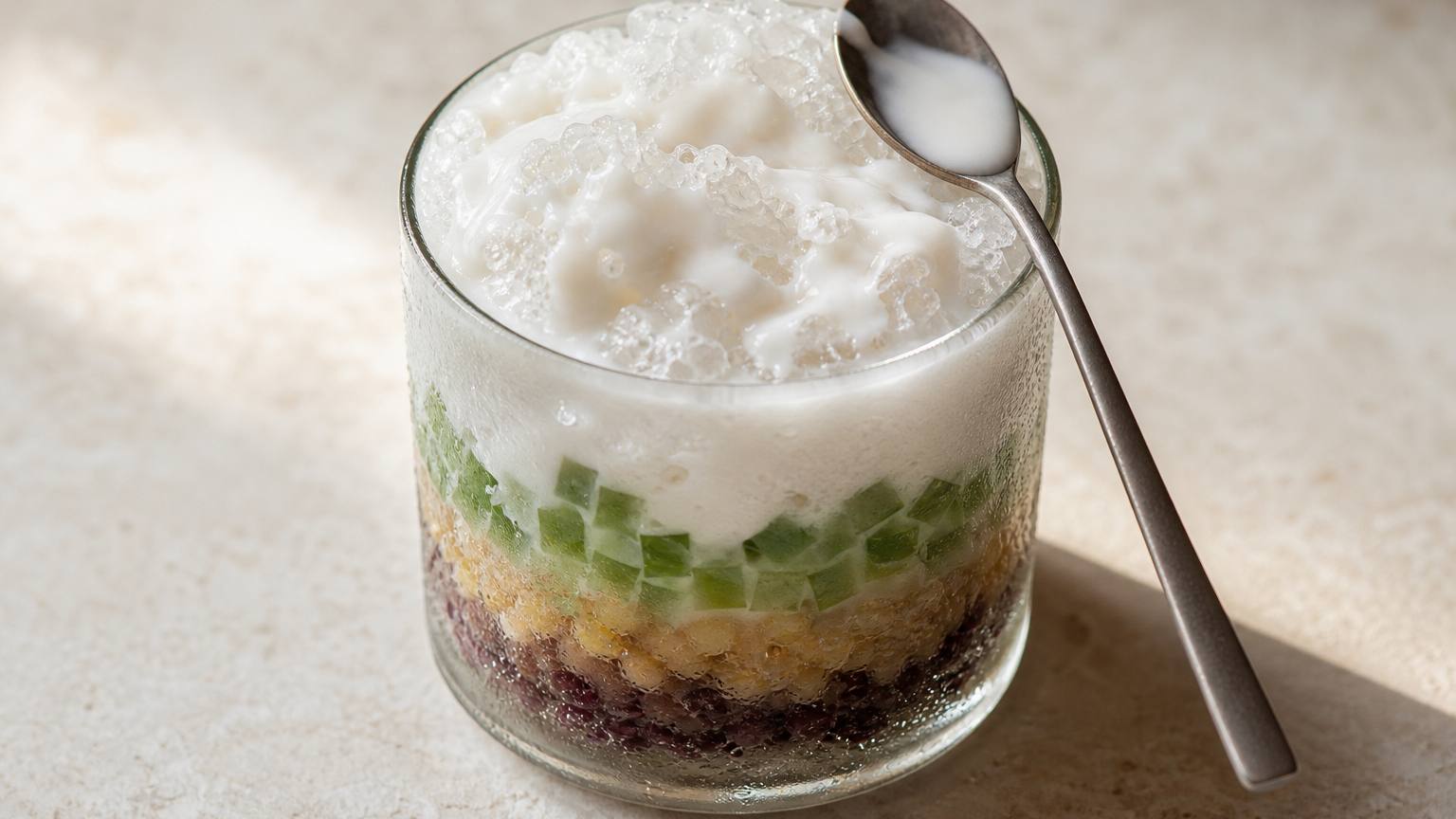 Che ba mau in a glass with layers of red beans, mung bean and diced pandan jelly under crushed ice and coconut milk