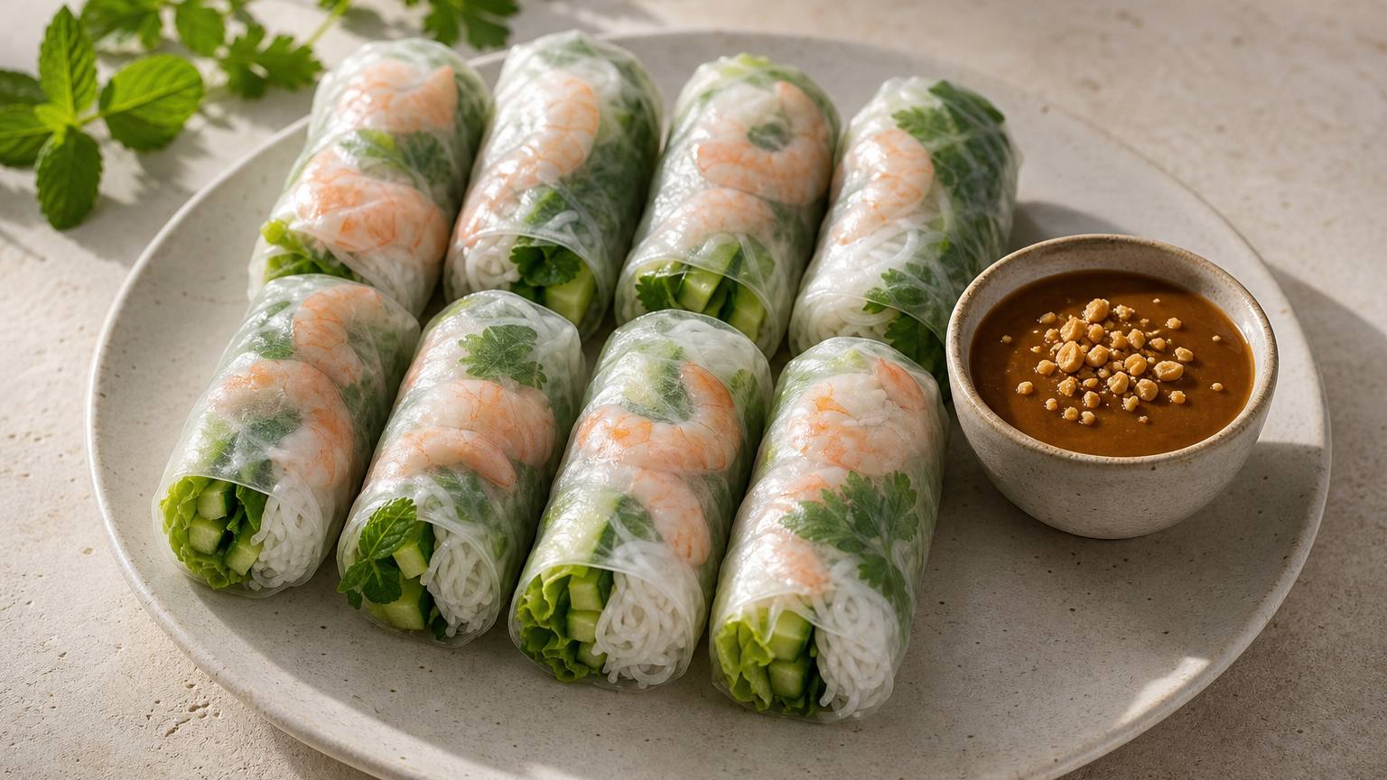 Fresh goi cuon rice paper rolls with prawns and herbs beside a bowl of peanut dipping sauce, the opening course of a Vietnamese summer menu